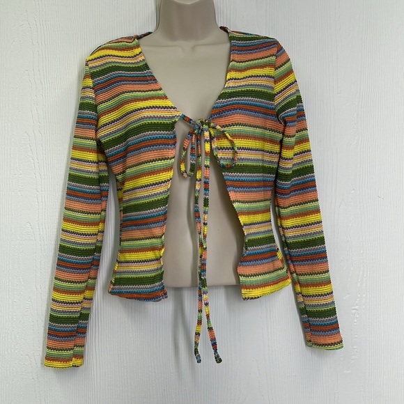 Earthbound - Rainbow Stripes Tie Open Front Long Sleeve Cardigan Size Small - Picture 2 of 9
